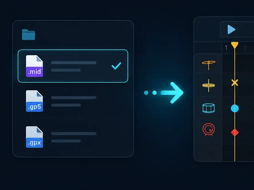 Score Drummer import screen for MIDI and Guitar Pro drum parts