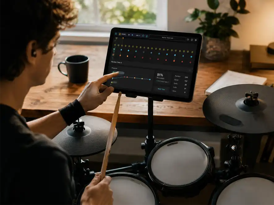 Score Drummer score screen with hit feedback markers