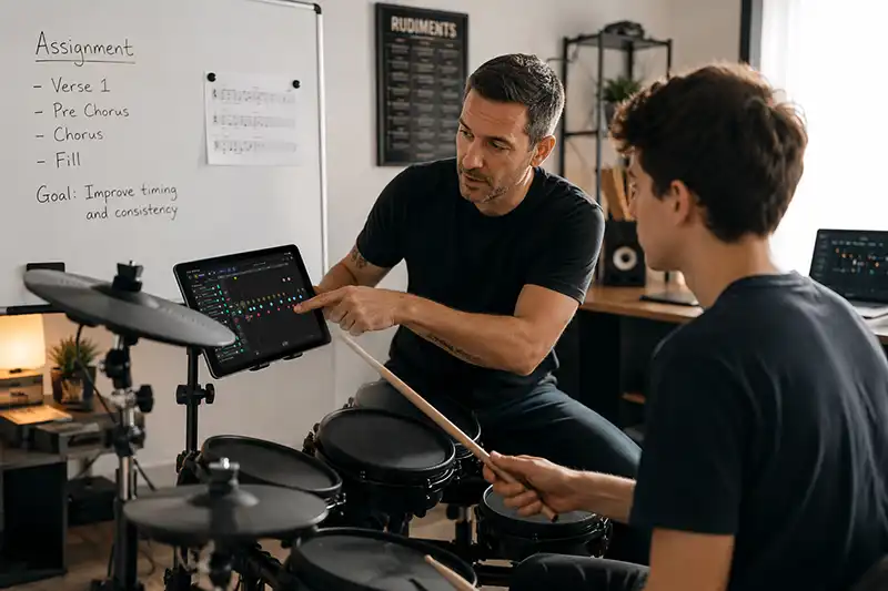 Drum lesson setup for a student practicing